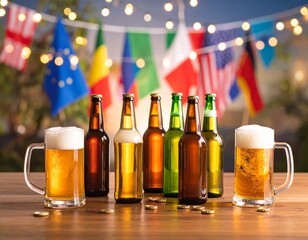 Global Beer Day Celebration Scene with Foamy Mugs and International Flags
