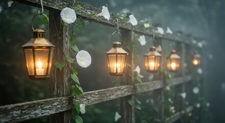 Romantic Outdoor Setting with Lanterns and White Flowers on Wooden Fence in Soft Misty Atmosphere
