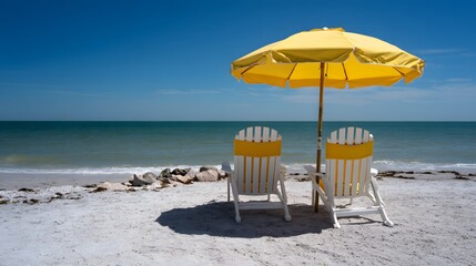 Two White Beach Chairs Under a Yellow Umbrella by the Ocean