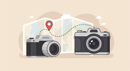 Two Cameras Connect on Map with Red Pin on Cloudy Background for Travel Blog
