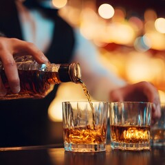 Realistic Close Up of Bartender Hands Pouring Whiskey into Glasses