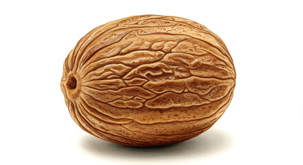 Obraz premium Detailed macro shot of a single whole aromatic nutmeg seed highlighting its intricate wrinkled texture, isolated on a white background.