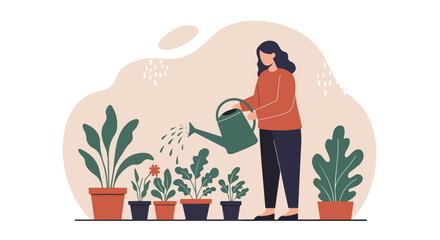 Indoor Gardener Lady waters plants in pots, styled with abstract background, usable home