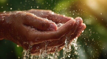 Fototapeta premium Two hands cupped together with water splashing from fingers, evoking freshness and vitality,