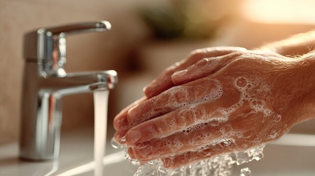 A person washing hands under running water with soap suds, modern chrome faucet, warm indoor lighting,