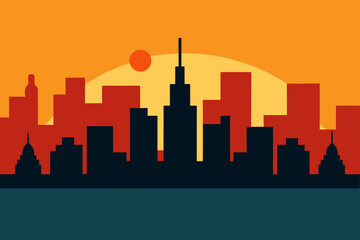 Stylized city skyline at sunset with warm colors