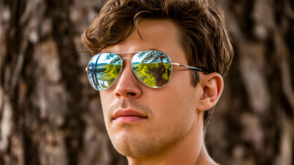 Young man wearing mirrored aviator sunglasses reflection