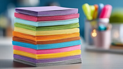 A vibrant stack of colorful sticky notes in purple, pink, green, orange, blue,