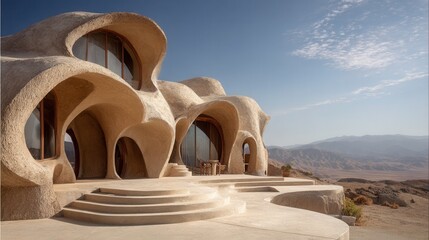 organic desert architecture, sand-colored materials, cooling airflow design, sculptural form