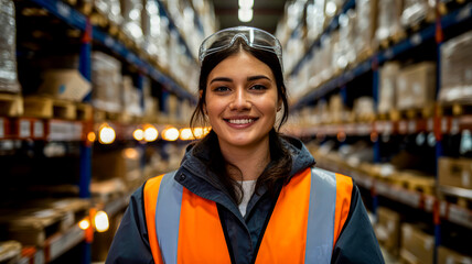 Young woman wearing safety gear in warehouse dark hair