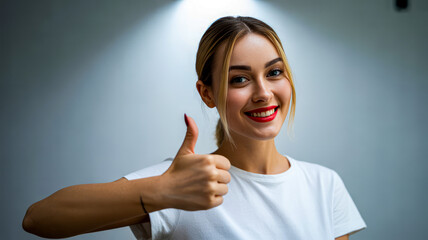 Young woman with blonde hair gives thumbs up smiling
