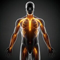 Anatomical illustration of the upper body's musculature and skeletal system, highlighted with glowing orange lines