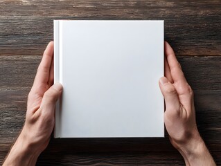 Blank White Square Book Held in Hands on Wooden Table Surface