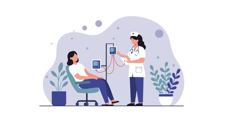 Nurse checking patient's vitals in room, plants in background, medical use