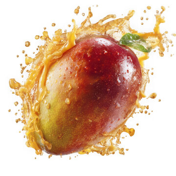 mango with dynamic mango lasse juice splash on white background