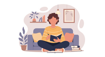 Person writing in a notebook while sitting on a couch, perfect for blog posts about self-care, journaling, or studying.