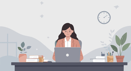 Woman working on laptop at her desk, perfect for website banners or blog posts about remote work, productivity, or business.