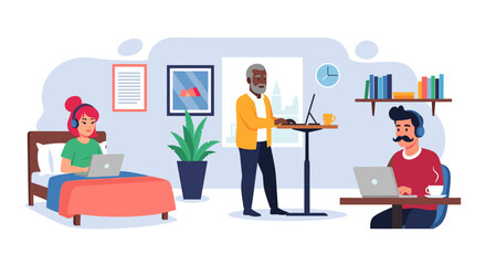 Diverse team working remotely from home, perfect for illustrating flexible work arrangements and work-life balance.