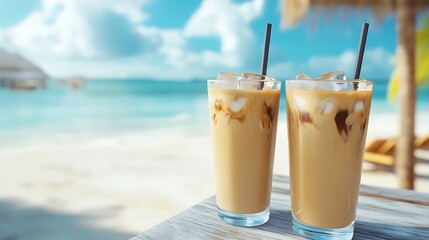 Two glasses of iced coffee latte on a at the summer resort