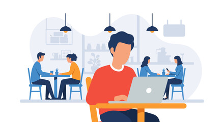 Person working on laptop in a cafe, ideal for blog posts about remote work or co-working spaces.