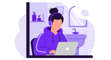 Woman working on laptop in bathroom, perfect for blog posts about remote work or work-life balance.