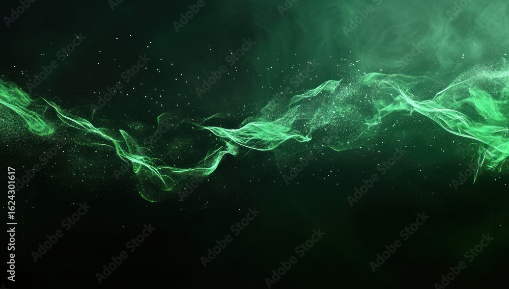 Poster abstract green energy wave with particles and light effects for technology and science concepts