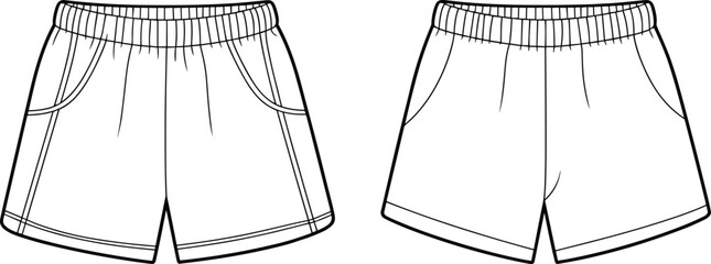 Technical flat sketch of elastic waist shorts front and back, activewear fashion design, casual sport shorts template, vector apparel illustration, unisex clothing

.
