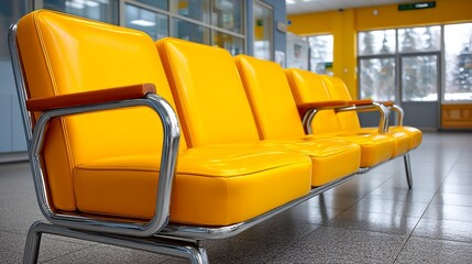 Fototapeta premium Rows of bright yellow benches with wooden armrests in an airport terminal, retro chrome metal frames,