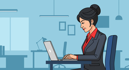 Businesswoman working on laptop in modern office - perfect for website banners, brochures, and presentations.