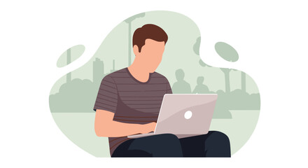 Man working on laptop in park - Illustration for website or blog