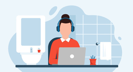 Woman working on laptop in bathroom, perfect for remote work, work from home, or flexible work articles.