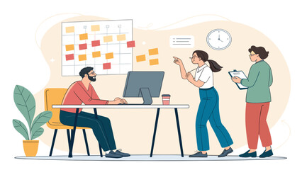 Teamwork and Collaboration: Illustration of colleagues discussing project, perfect for business presentations.