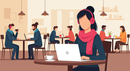 Diverse group of people working on laptops in a modern cafe, perfect for illustrating remote work or coworking spaces.