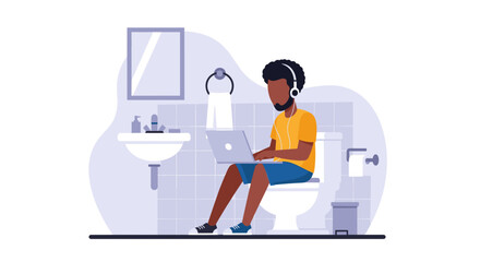 Man working on laptop in bathroom, perfect for illustrating remote work, work-life balance, or humorous content.