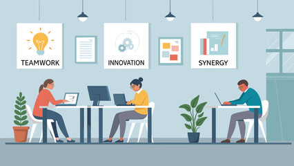Diverse team collaborating in a modern office; perfect for websites, presentations, or brochures on teamwork and innovation.