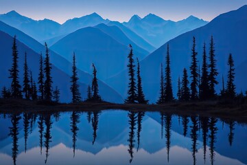 Mountain reflections in a tranquil alpine lake at dawn