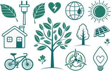 Sustainable Symbols Set for Eco Friendly Design Projects. Eco Conscious Sustainable Symbols Set for Green Artwork. Sustainable Symbols Set for Environmental Graphic Design. Clean Energy & Sustainable
