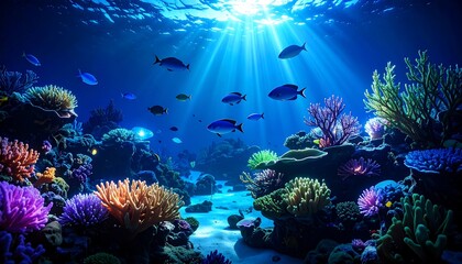 Obraz premium Sunlit Underwater World: Vibrant Coral Reef with Schools of Fish in Deep Blue Sea
