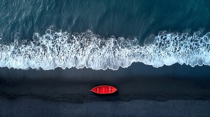 Aerial View of Red Boat on Black Sand Beach with Ocean Waves
