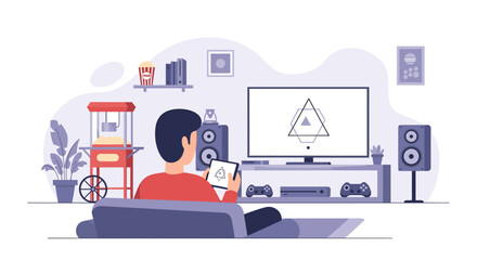 Man relaxing at home, using tablet, watching TV, perfect for blogs about home entertainment or leisure time.