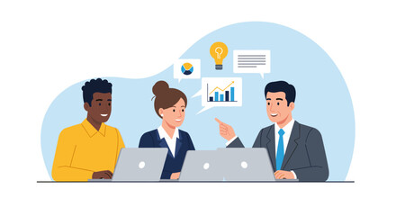 Diverse business team collaborating on laptops, brainstorming ideas for a project. Perfect for websites, presentations, and reports.