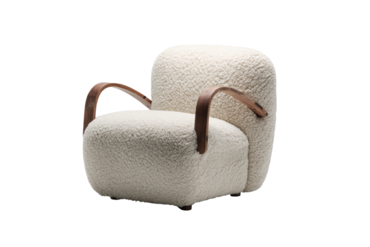 Cream-colored, rounded armchair with wooden arms