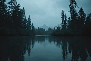 Misty forest lake scene