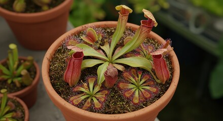 Vibrant Carnivorous Plant Arrangement in Terra Cotta Pot Captured in Lush Greenhouse Environment