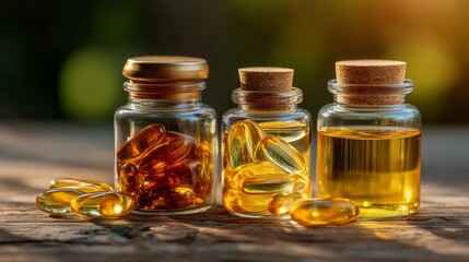 Three small glass bottles with golden caps, two filled with liquid,