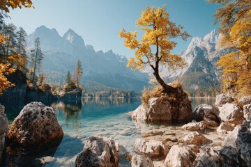 Autumnal alpine lake with a solitary tree