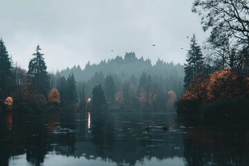 Misty autumn forest reflecting on a lake