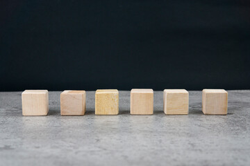 Six blank wooden block cubes for your text. free space for business concept template and banner.