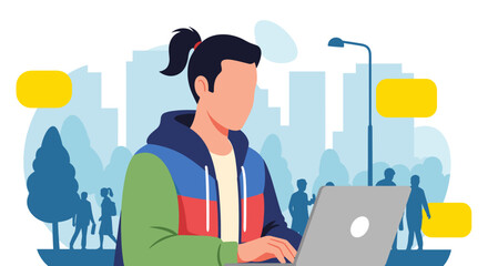 Young man working on laptop in city park, ideal for website banners or blog posts about remote work or freelancing.