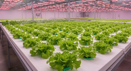 Indoor Hydroponic Farm with Lush Green Lettuce Rows Under Bright Light Bars in Modern Greenhouse Environment